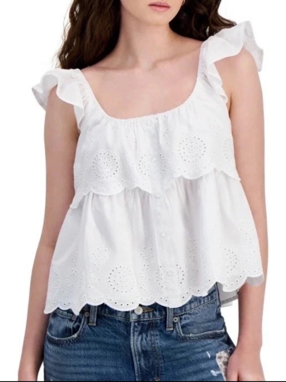 Romantic Feminine White Eyelet Ruffle Tank Top with Scalloped Hem - Planet Heart